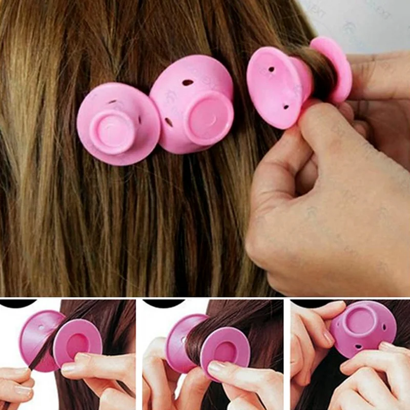 10pcs/set Soft Rubber Magic Hair Care Rollers Silicone Hair Curler No Heat Hair Styling Tool Pink