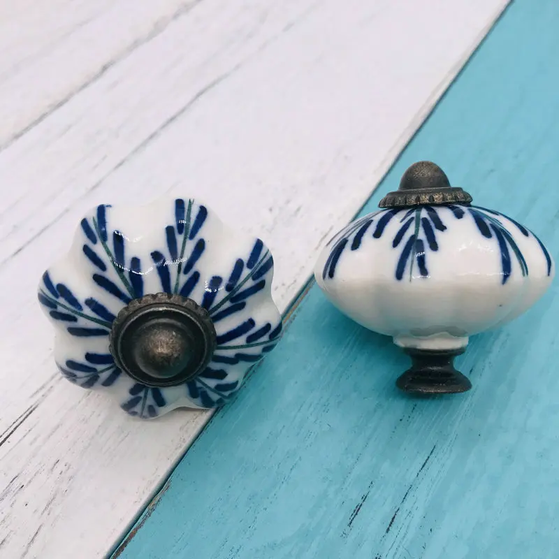 Set of 10 Ceramic Blue and White Ceramic Decorative Antique Door Knobs Interior door Pumpkin Knobs and Pulls for Cabinet Kids