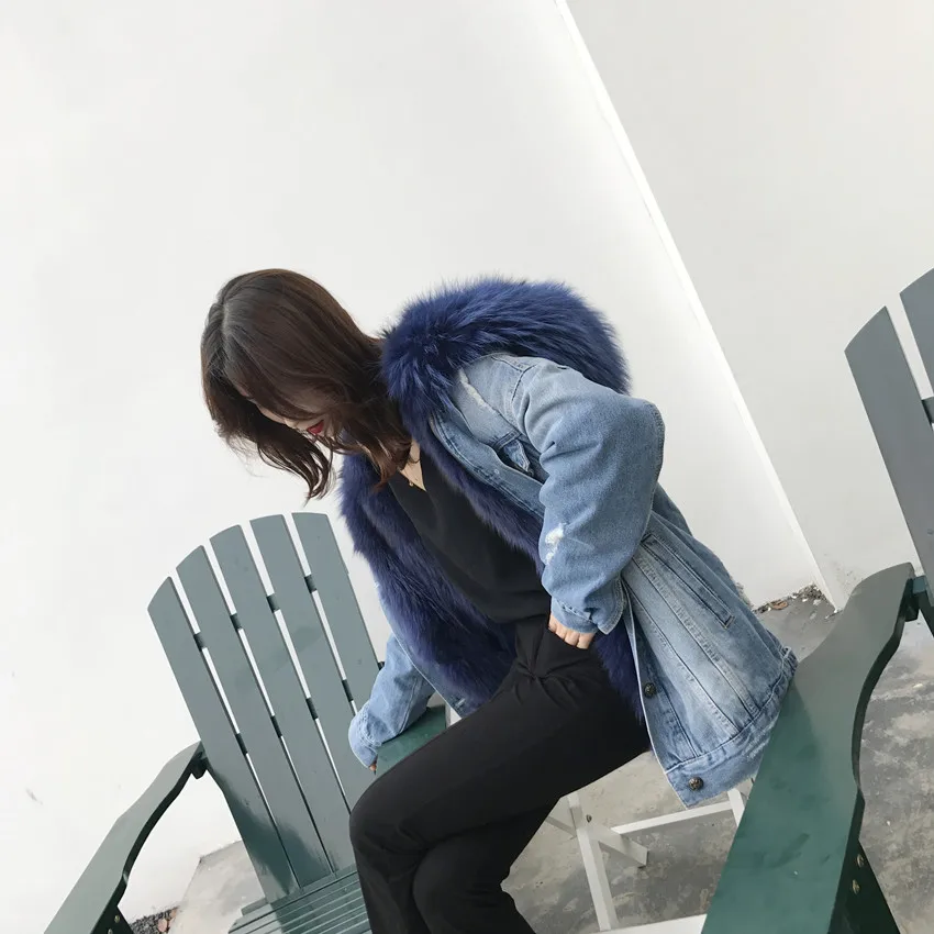 Женская одежда, Корейская джинсовая парка, зимняя куртка, пальто с натуральным мехом енота, воротник из настоящего толстого теплого лисьего меха, верхняя одежда
