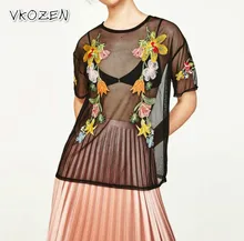 2017 Fashion Flower Embroidery Mesh Women Black Blouses Short Sleeve Perspective Casual Pullover Shirts Summer Brand Tops Blusas