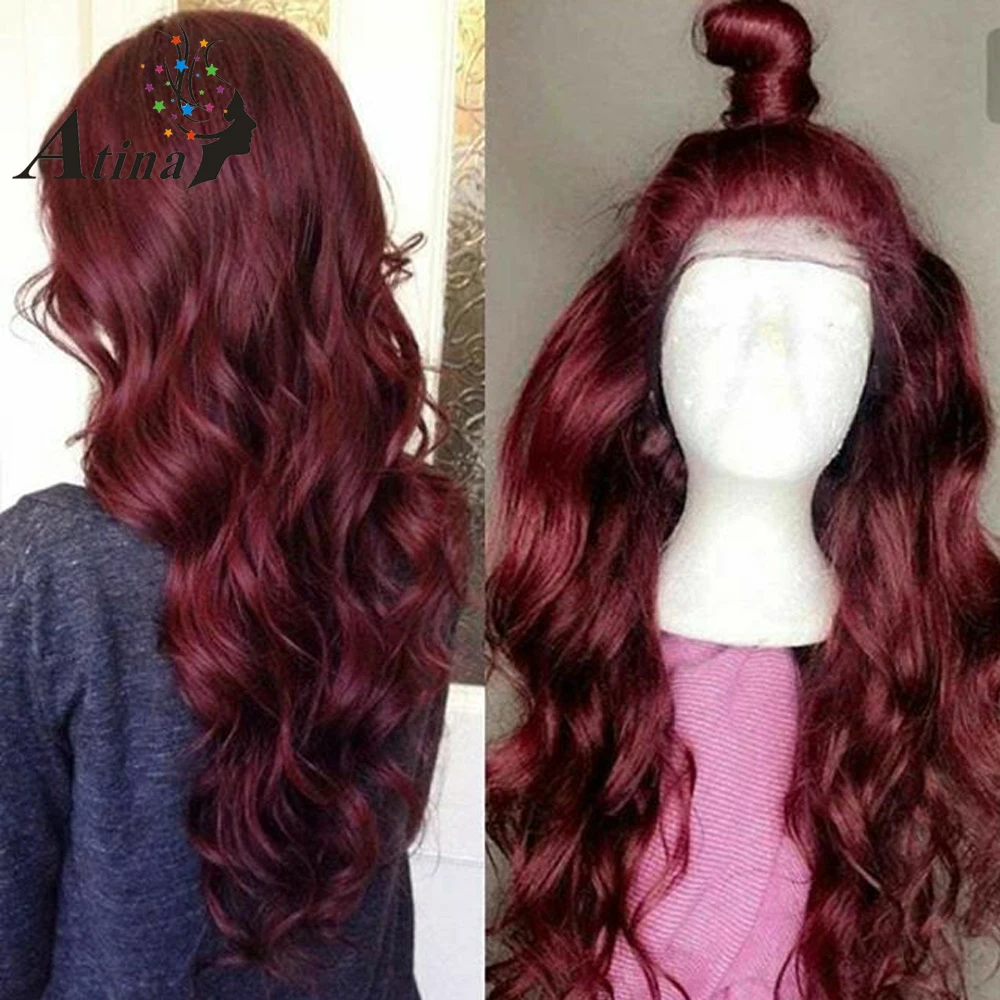 250% высокой плотности 99J бордовая передний парик Натуральные Рыжие волосы 13X6 глубокое разделение Синтетические волосы на кружеве парик предварительно с детскими волосами волнистый парик
