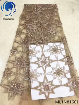 

BEAUTIFICAL african lace fabrics New arrival nigerian net lace sequins embroidery beads for dress 5yards free shipping ML1N816