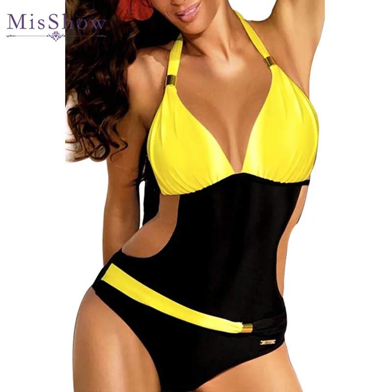 

2019 Sexy One Piece Swimsuit Women Swimwear Yellow Patchwork High Cut Out SummerHalter Beach Wear Bodysuit Bathing Suit Monokini