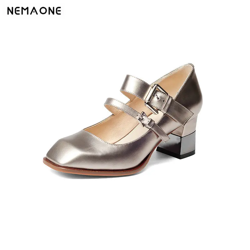 

NEMAONE Plus size 34-42 New 100% genuine leather high heels pumps square toe shoes women ladies Sexy chaussure femme mary janes