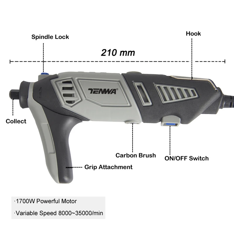 TENWA 170 Вт Мощный мотор Мини дрель роторный инструмент Dremel стильная дрель ICD дисплей мягкий захват Электрический мини шлифовальный станок серый