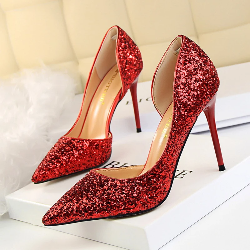 Женские туфли-лодочки; пикантная женская обувь для свадебной вечеринки; блестящие туфли на высоком каблуке; модные женские туфли-лодочки для невесты; sapato feminino; 868-8 - Цвет: Red