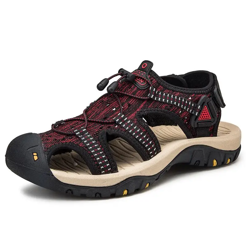 Новинка; сетчатые мужские римские сандалии; мягкая летняя повседневная обувь в рыбацком стиле; водонепроницаемые мужские пляжные сандалии; водонепроницаемые модные кроссовки; размеры 39-48 - Цвет: Black Red