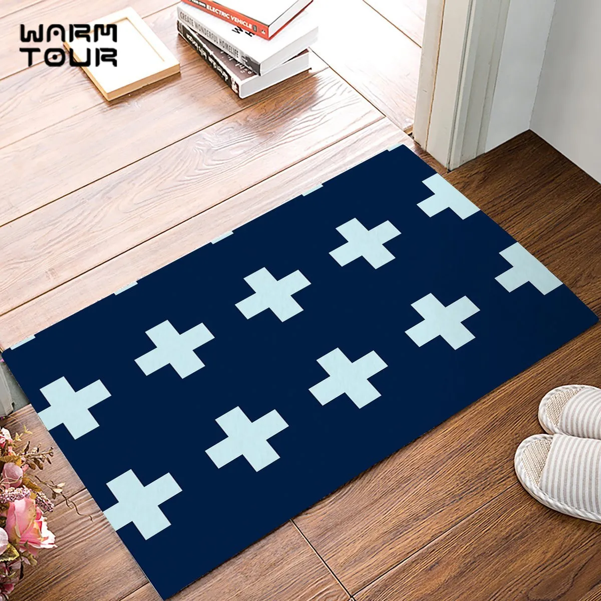 Modern Dark Light Blue Bold Plus Sign Door Mats Kitchen Floor Bath Entrance Rug Mat Indoor