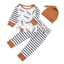 Одежда с перьями для малышей от 0 до 24 месяцев весенне-осенние детские футболки+ штаны в полоску+ шапочка, комплект из 3 предметов, одежда для малышей
