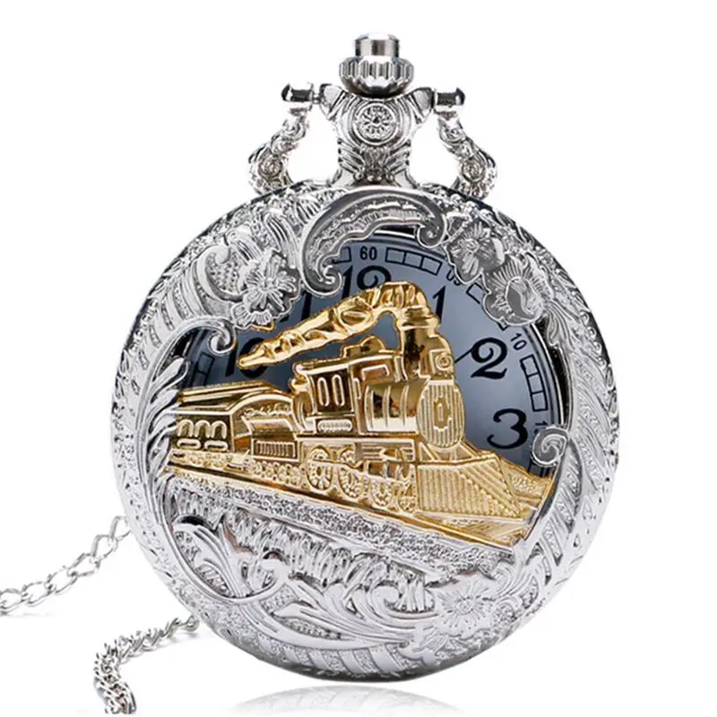 Silver Винтажный серебряный корпус золотой Поезд Локомотив полые кварцевые карманные часы ожерелье подвеска Ms. мужской подарок - Цвет: Silver