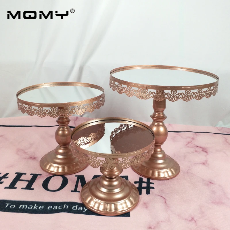 

3-Set Antique Mirror Cake Stand Round Cupcake Stands Metal Dessert Display with Crystal Beads