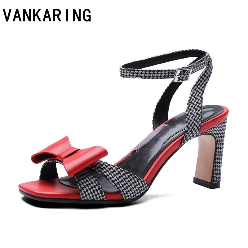 

VANKARING new women fashion gingham sandals gladiator bow high heels open toe shoes ladies sweet dress party casual date sandals