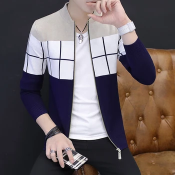 

Jacket Autumn Mens Coat Streetwear Casual Knitted Korean Version Slim Knit Striped Long Sleeves Tricolor Trend Coats SweaterCoat