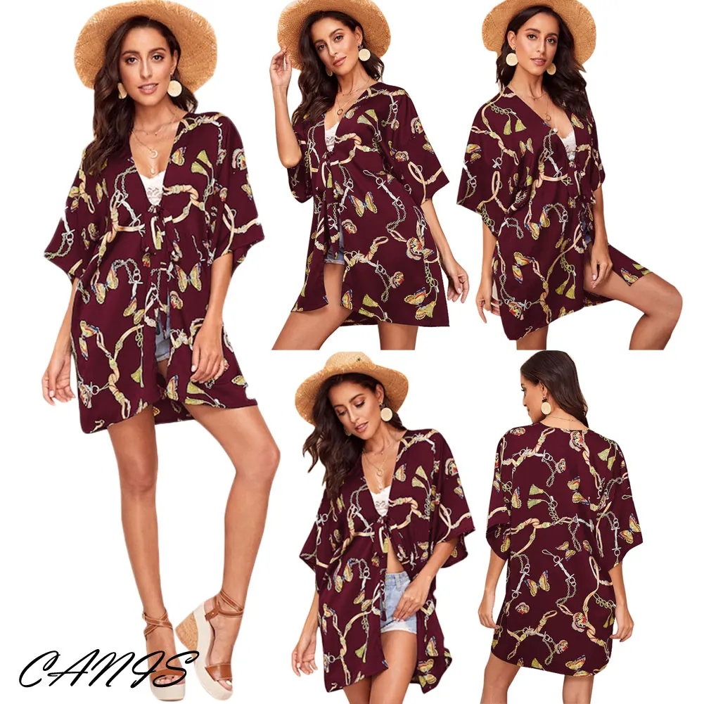 Модный цветочный принт, сексуальное женское кимоно, кардиган, Boho, Пляжное Платье с полурукавом, Пляжное Платье с принтом, пляжный купальный костюм, Лидер продаж