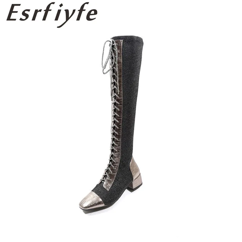 

ESRFIYFE New Women Sexy Lace Up Knee High Boots Shoes Woman Square Heels Rubber Genuine Leather Boots Autumn Thigh High Boots