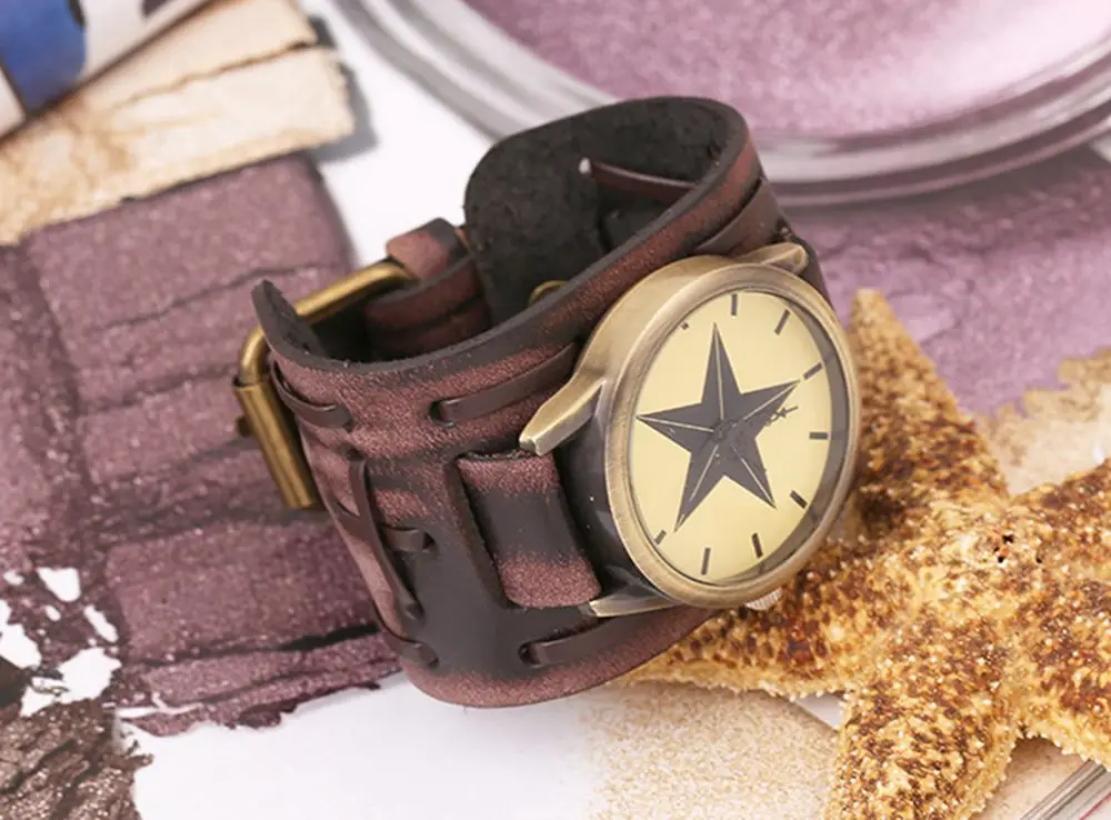 Хит, ретро часы с широким браслетом из коровьей кожи, винтажные мужские наручные часы, повседневные кварцевые часы с большой звездой, часы Relogio reloj, Прямая поставка