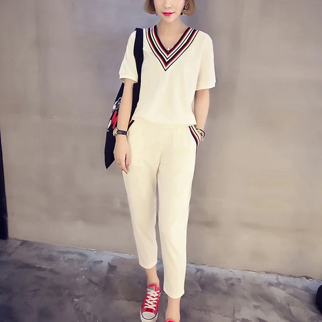 Cheap Women Tracksuit Two-piece Suits Striped Patchwork V-Neck Short T Shirt+Long Pants Women Summer Casual Sets Plus Size Cheap Women Tracksuit Two-piece Suits Striped Patchwork V-Neck Short T Shirt+Long Pants Women Summer Casual Sets Plus Size