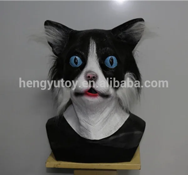 Взрослая латексная черная кошачья маска Котенок животное костюм резиновые маски W/мех