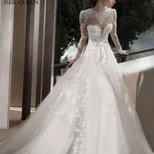 Вышивка с длинным рукавом размера плюс прозрачная Шея Иллюзия элегантное ТРАПЕЦИЕВИДНОЕ свадебное платье вышитое бисером свадебное платье W0136
