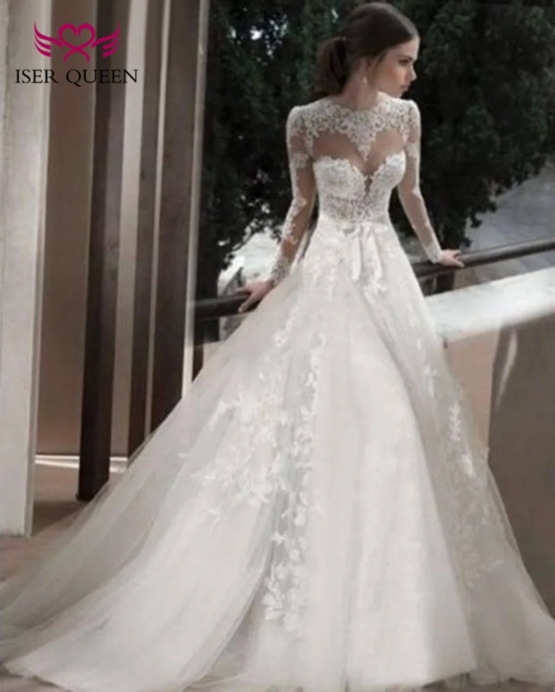 

Embroidery Long Sleeve Plus Size Sheer Neck Illusion Elegant A line Wedding Dress 2019 Beaded Bridal Dress Wedding Gown W0136