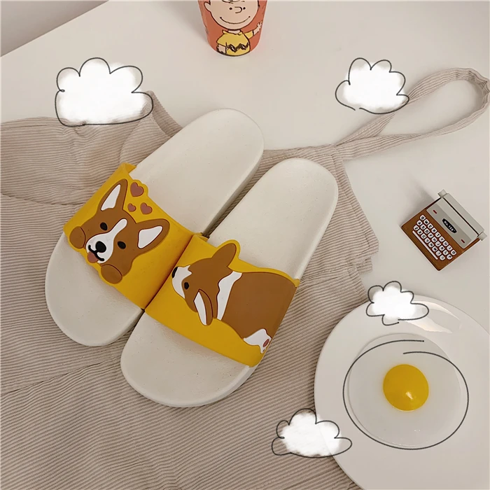 EOEODOIT/милые тапочки с героями мультфильмов; Домашние противоскользящие сандалии с открытым носком на плоской подошве; обувь для улицы на платформе с изображением собак