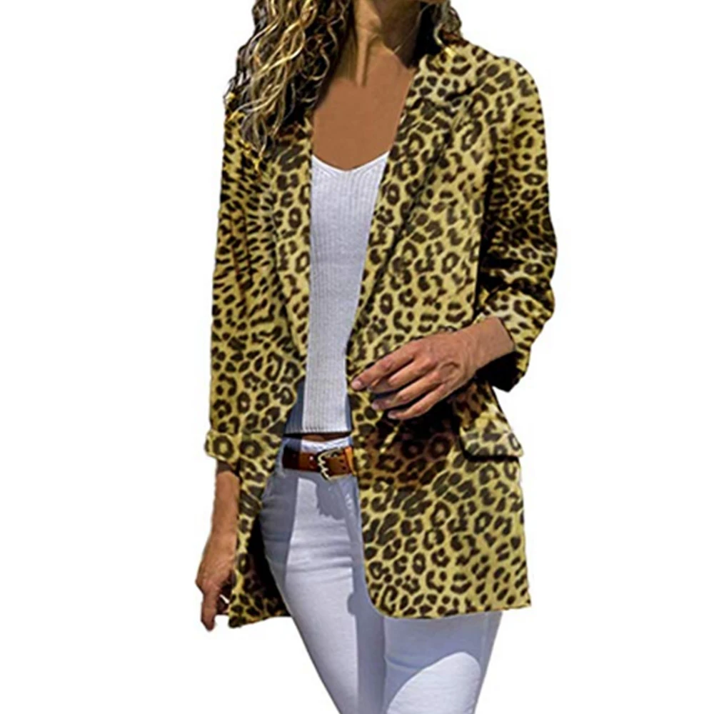 HEFLASHOR, модный блейзер с леопардовым принтом, женский, открытый перед, длинный рукав, осенняя, тонкая, повседневная куртка, отложной воротник, верхняя одежда, пальто