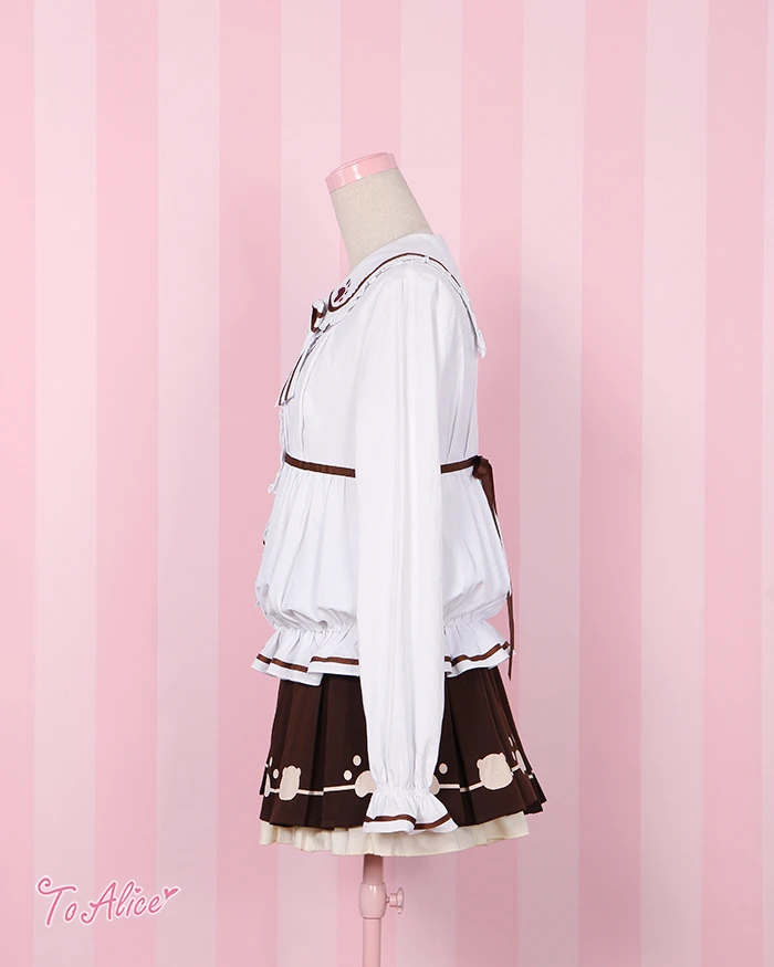 Варежки медвежьи лапки медведь головы Kawaii Лолита Блузка и юбка комплект цветок Форма бутона белая рубашка и шоколадная плиссированная юбка комплект