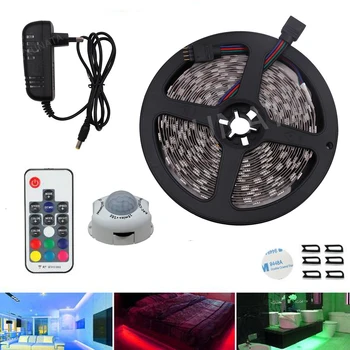 

LED Motion Sensor Cupboard Wardrobe Bed lamp Under Cabinet Night light 5050 rgb LED Strip 12V Tape 110V 220V US EU Power Supply