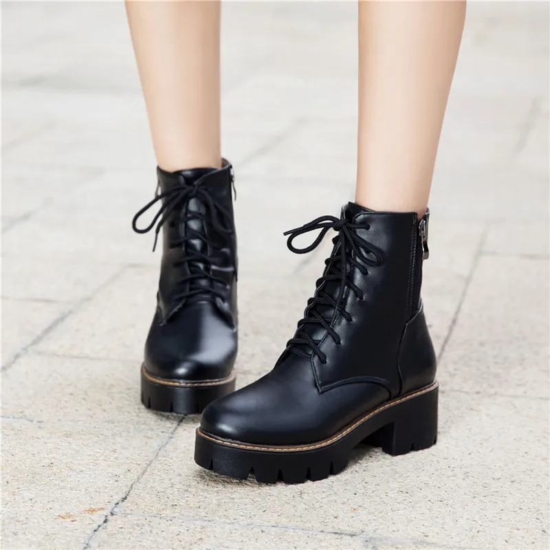 

YMECHIC 2018 Autumn Street Lady White Punk Rock Lace Up Platform Chunky Medium High Heels Ankle Motorcycle Military Boots Shoes
