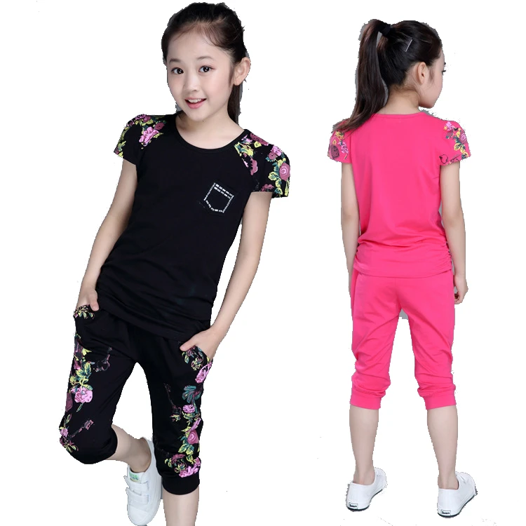 

Cotton Children Clothing Sets Summer Girls Sports Suit Print Short Sleeve T-shirt+Pants 2Pcs Girls Clothes 4 6 8 10 12 14 Years