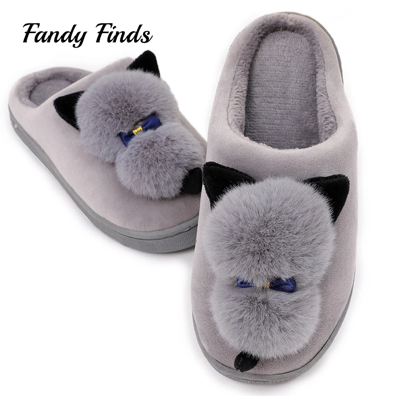 Fandy Finds/женские домашние тапочки с милым мехом и котом Осенние Нескользящие