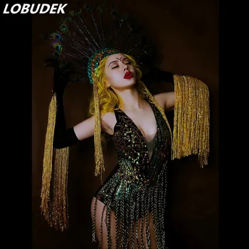 

Sparkly Sequins Gold Tassels Bodysuit Sexy V-neck Bodysuits Nightclub DJ Singer Stage Costume Party Dancer Performance Dane Wear