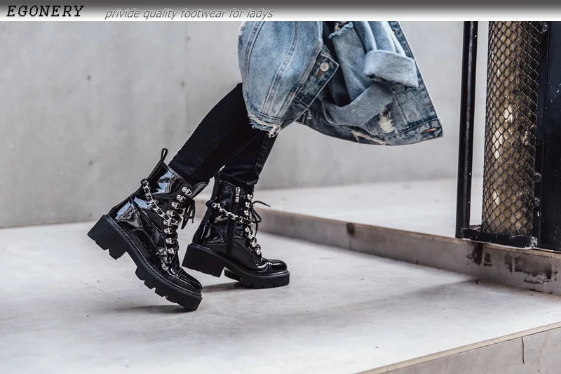 EGONERY/Женская обувь в стиле панк-рок женские ботильоны для вечеринки в стиле ретро из лакированной кожи на среднем каблуке 5 см, с перекрестной шнуровкой, на молнии