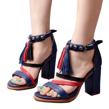 

Women Gladiator Sandals Real Leather Fashion Fringe Square High Heels Summer Shoes Woman Studded Ladies Formal Party Pumps