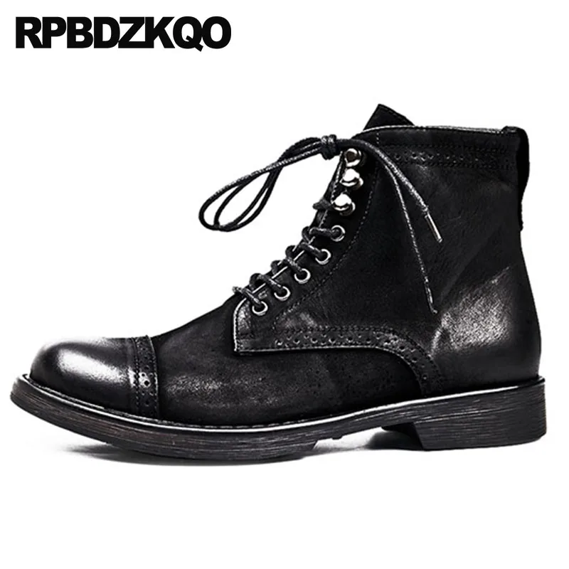 

Retro Combat Boots Fall Full Grain Military Black Ankle High Quality Men European Designer Genuine Leather Brogue Shoes Army