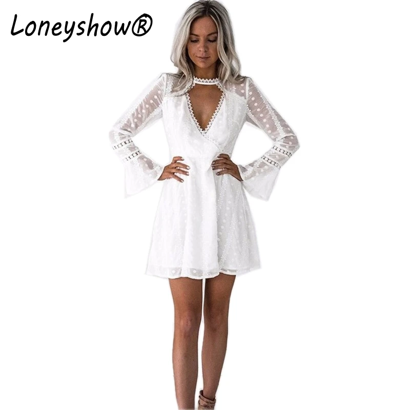

Loneyshow 2018 Fashion Spring Women Dresses With Choker Sexy V Neck Lace Patchwork Long Flare Sleeve Ladies Short Dress Vestidos