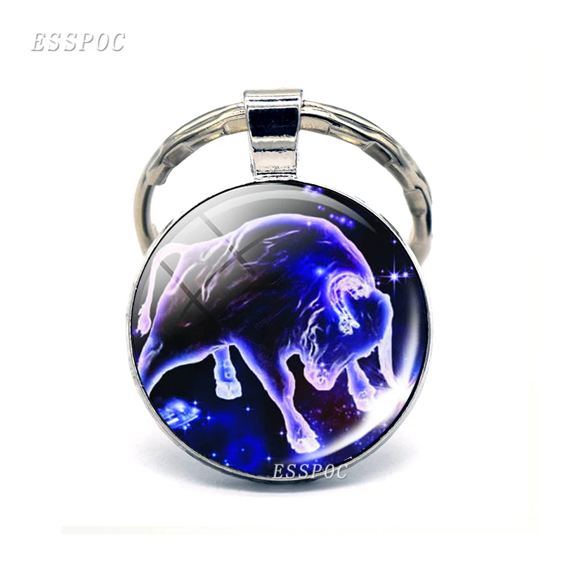 12 Constellation Keychain Zodiac Signs Glass Pendant Scorpio Sagittarius Capricorn Aquarius Alloy Keyring Jewelry Birthday Gifts - Цвет: Taurus