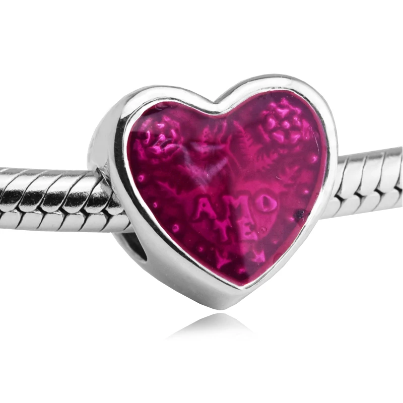 

Charm Fits Pandora Bracelet Beads for Jewelry Making Latin Love Heart, Transparent Cerise Enamel Silver 925 Charms Jewelry FL498
