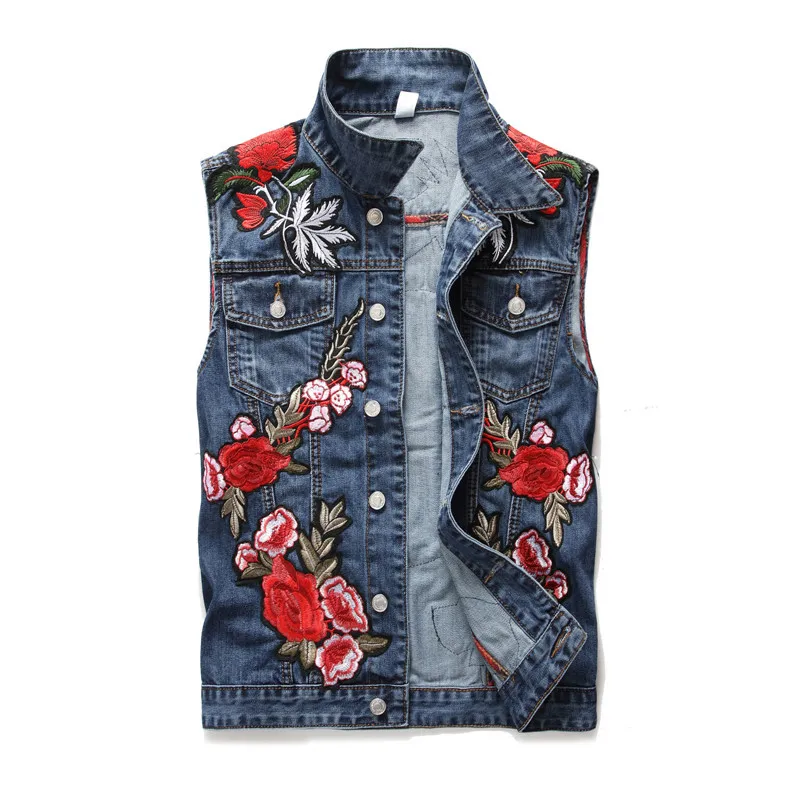 

Vintage Punk Slim Fit Sleeveless Denim Jacket Badge Flower Embroidery Denim Vest Mens Waistcoat Streetwear Motorcycle Jeans Vest