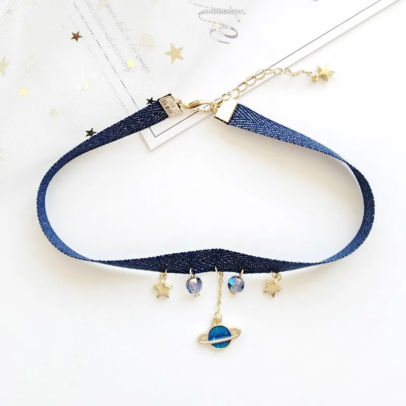 

Fashion 2018 Simple Sweet Cute Velvet Ribbon Rope Chocker Women Star Moon Earth Pendant Short Chocker Necklace