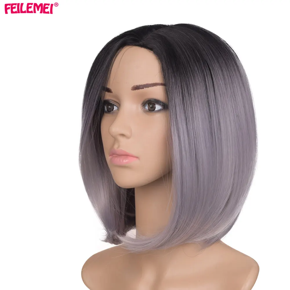 

Feilimei Full Head Ombre Gray Wig Black Woman Short Straight Gradient 160g Colored Heat Resistant Synthetic Hair Cosplay Wigs
