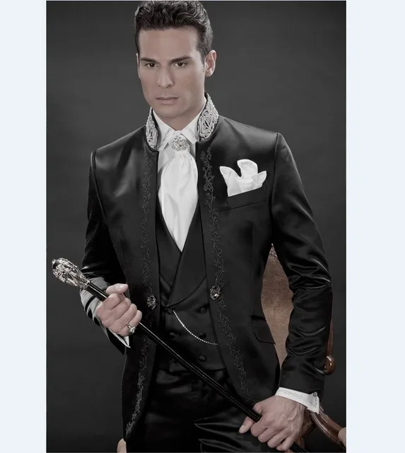 

New Arrival Embroidery Groomsmen Mandarin Lapel Groom Tuxedos Black Men Suits Wedding/Prom Best Man (Jacket+Pants+Vest)