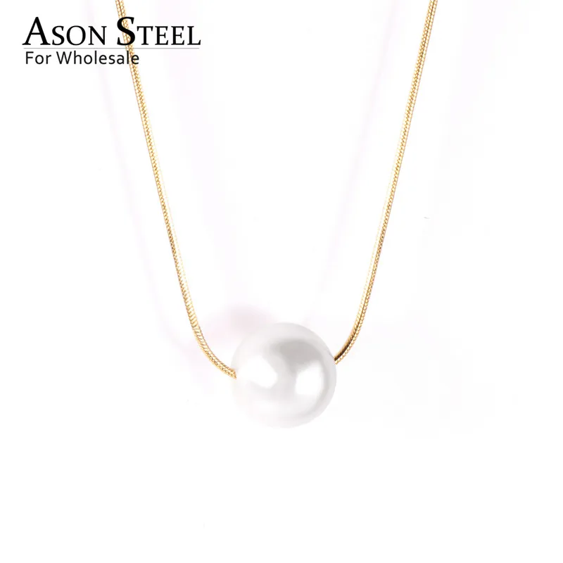 ASONSTEEL Gold/Silver White Black Round Imitation Pearl Pendant Necklace Stainless Steel Snake Chain Jewelry Collars Gift Party - Окраска металла: 71 Gold