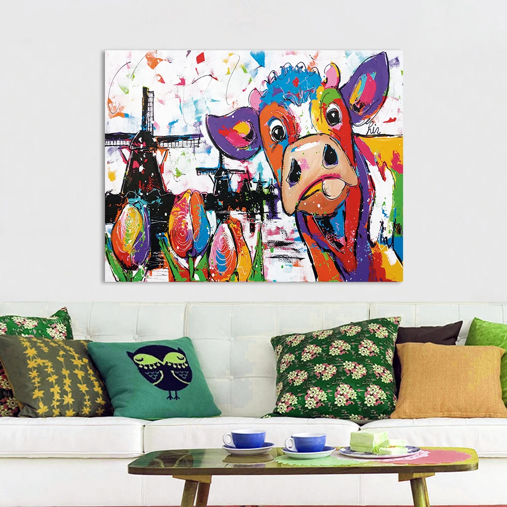 

HDARTISAN Vrolijk Schilderij Wall Art Holland Cow Canvas Painting Animal Picture Prints Home Decor No Frame