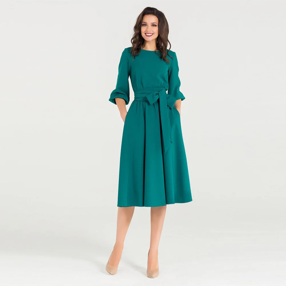 

2019 Summer Commuting Office A-Line Dress Women Elegant Temperament O-Neck Sashes Knee-Length Casual Dress 4 Colors