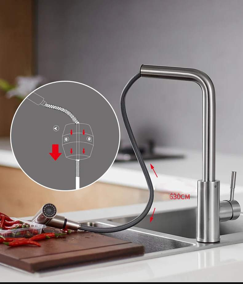 Multi-Function SUS 304 Stainless Steel Kitchen Sink Mixer Tap Swivel Spout Sink Faucet Copper with Pull Out Nozzle Spayer