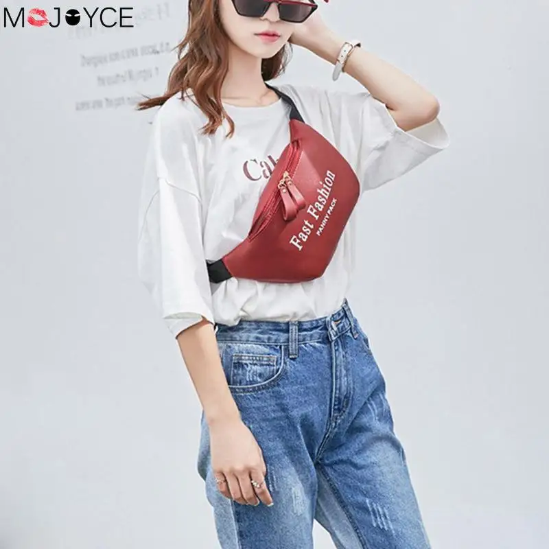 

High Quality PU Leather Letters Waist Bag 5 Solid Colors Fashion Fanny Pack Women Travel Zipper Chest Belt Bag Adjustable Strap