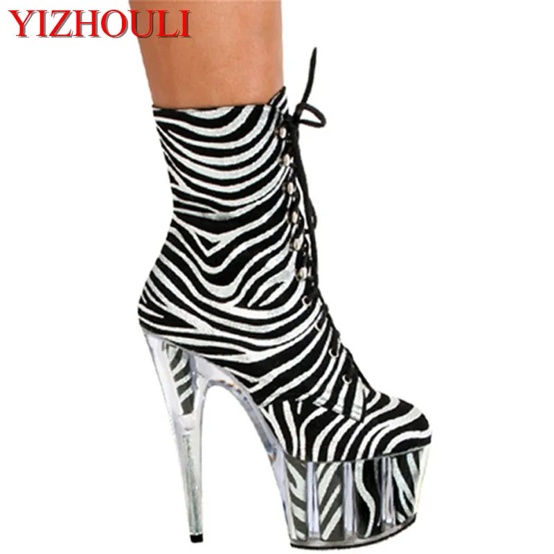 

15cm Zebra tattoo bottom ankle boots, nightclub sexy attraction dance shoes, model appeal high heel boots