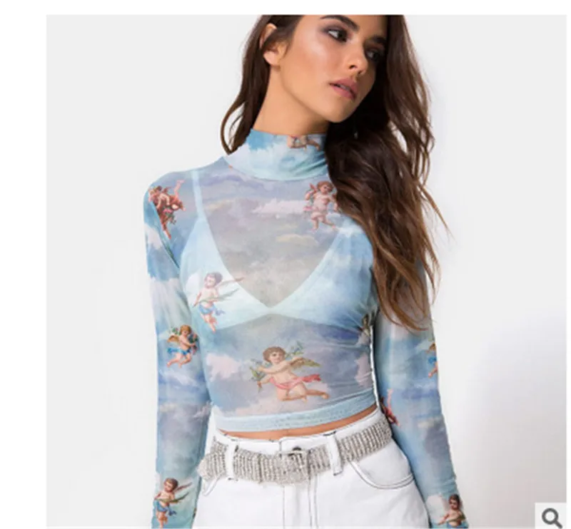 

Fashion Sexy Womens Long Sleeves See Through Sheer Mesh Angel Crop Top Blouse Top