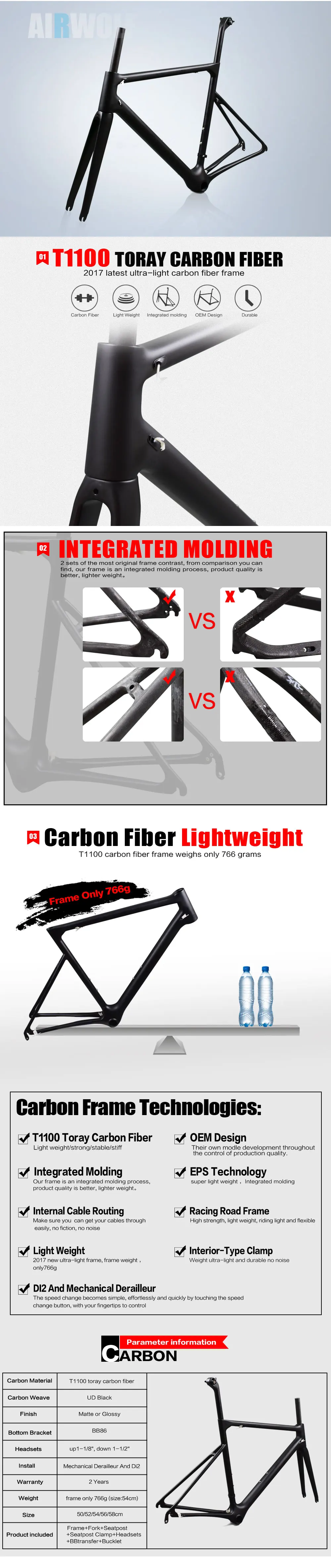 Купить Рама Airwolf Ultra Light Road bike frame T1100 Full Carbon Road